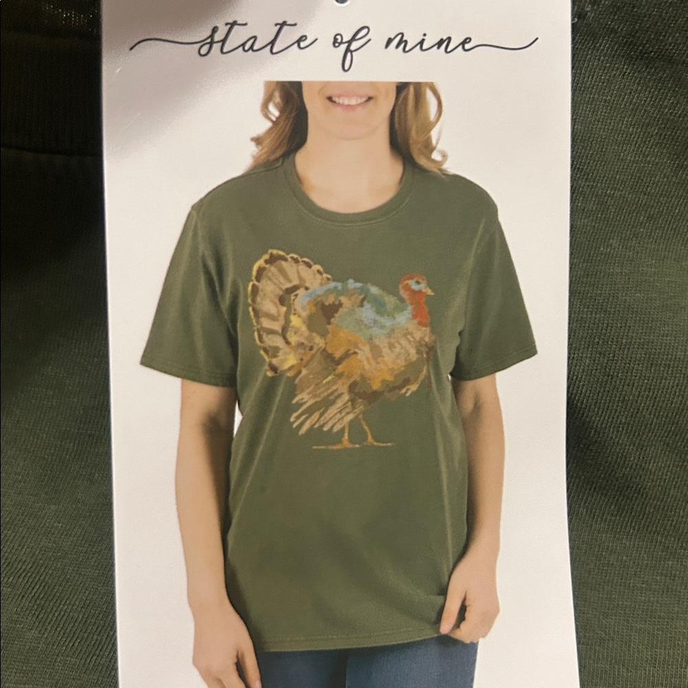 State of Mind Olive Green Tee with Turkey Graphic Cotton L NWT
